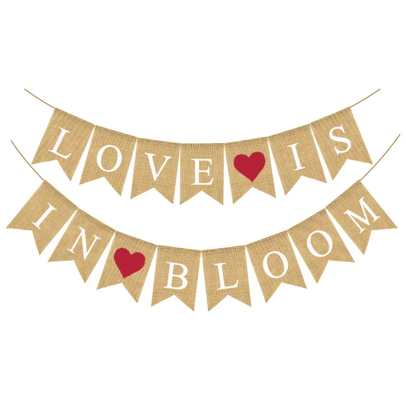Banderole Fanion en Lin Jute Love Is In Bloom Cœur Guirlande Fête de Mariage Décoration Suspendue Fournitures Festives