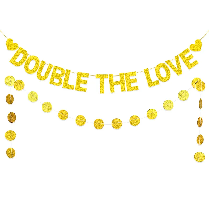 Gold Glitter Paper Garland Double The Love Letter Bunting Circle Dots Hanging Banner For Wedding Party Decor