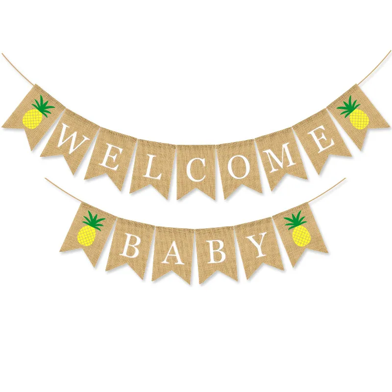 Rustic Linen Welcome Baby Swallowtail Banners Pineapple Alphabet Burlap Garland Flags For Household Birthday Party Event Decorations