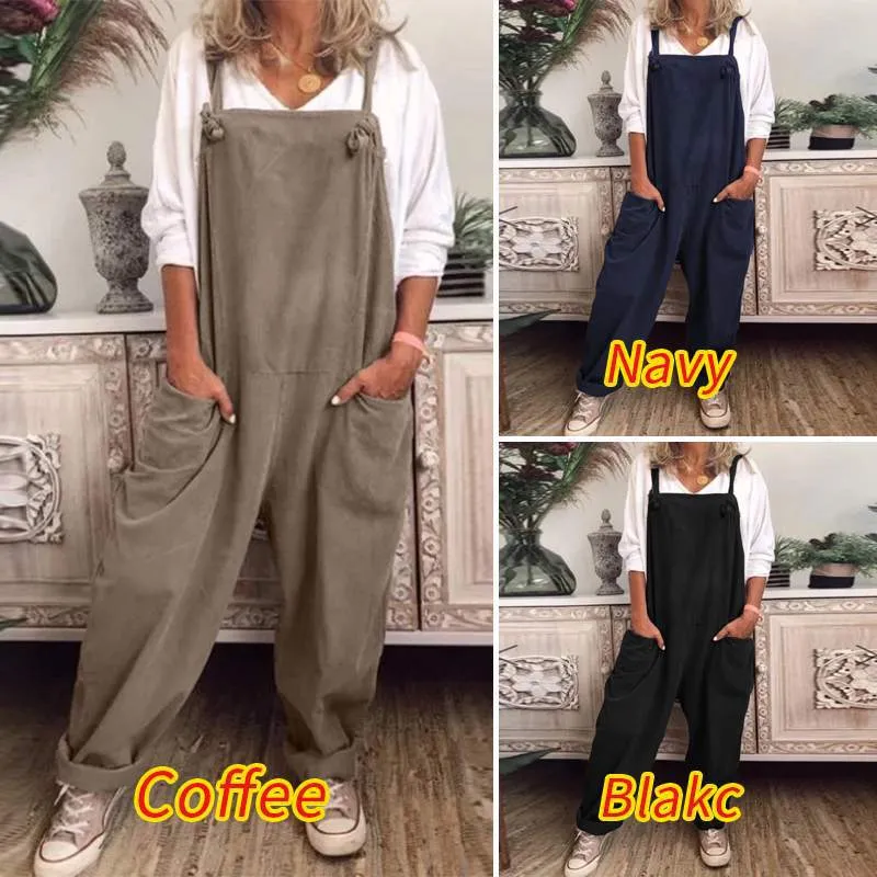 Women Casual Cotton Blend Solid Color Loose Overalls Pocket Casual Long Pants Female Trousers
