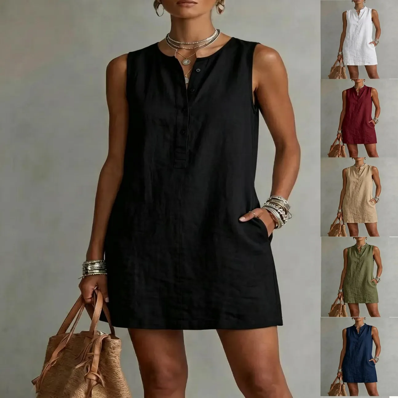 Women Cotton Linen Sleeveless Midi Dress Round Neck Button Down Casual Summer Sundress with Pockets Solid Color Loose Tank Dress