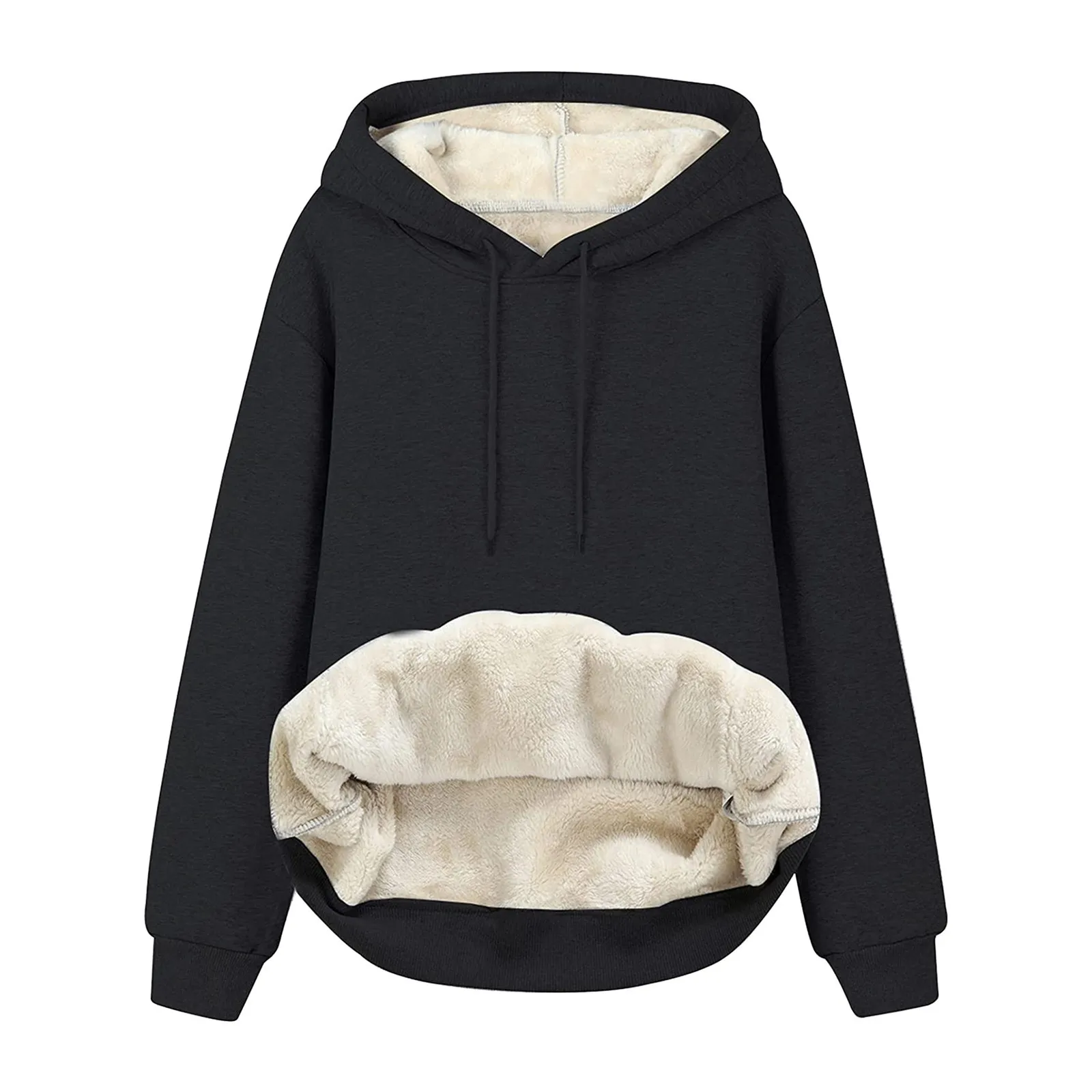 Felpa da Donna Casual Tinta Unita Manica Lunga con Cappuccio Coulisse Foderata in Pile Spesso Caldo Inverno