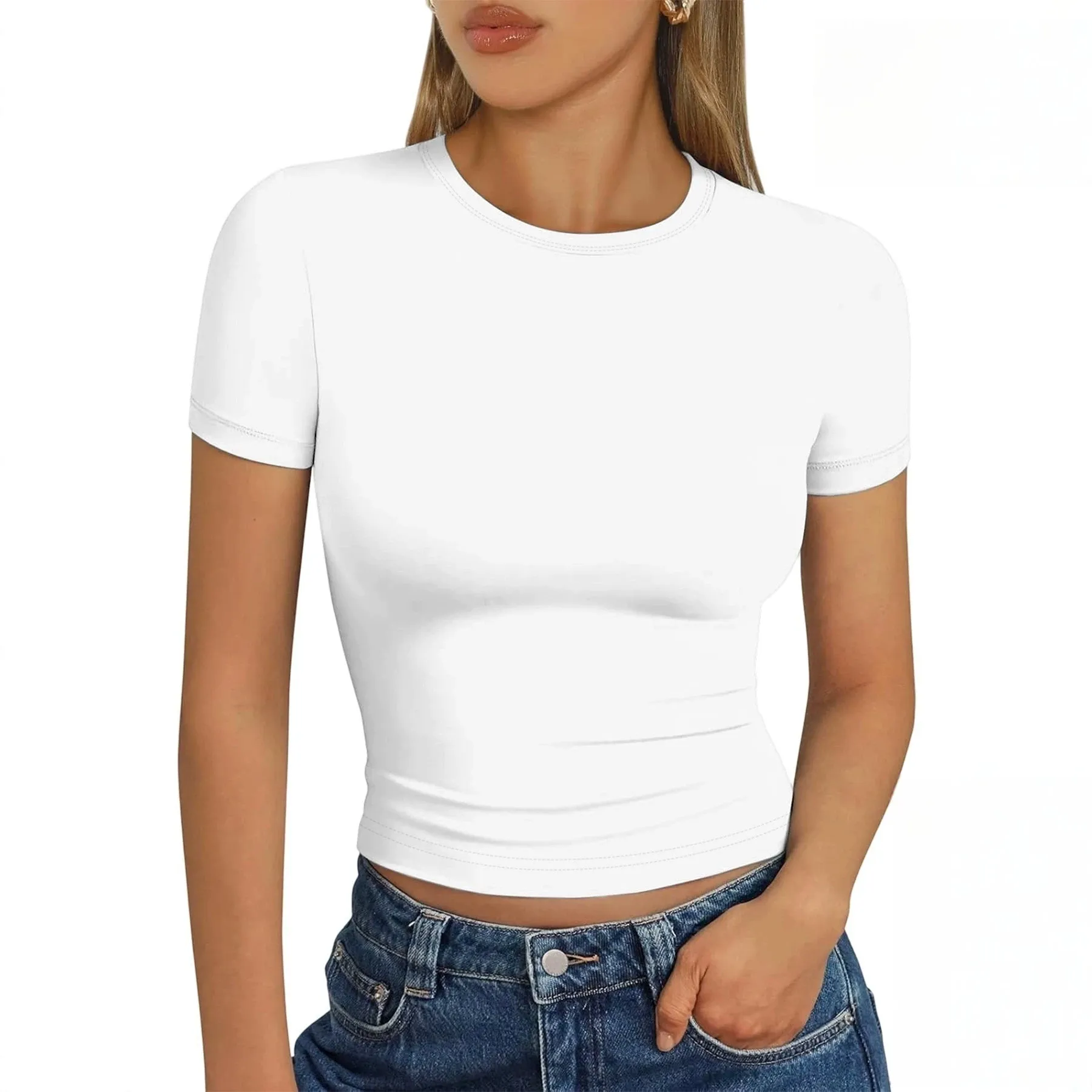 Maglietta a Manica Corta Tinta Unita Casual da Donna Vestibilità Slim Basic Girocollo Top Corto Moda Abbigliamento Estivo