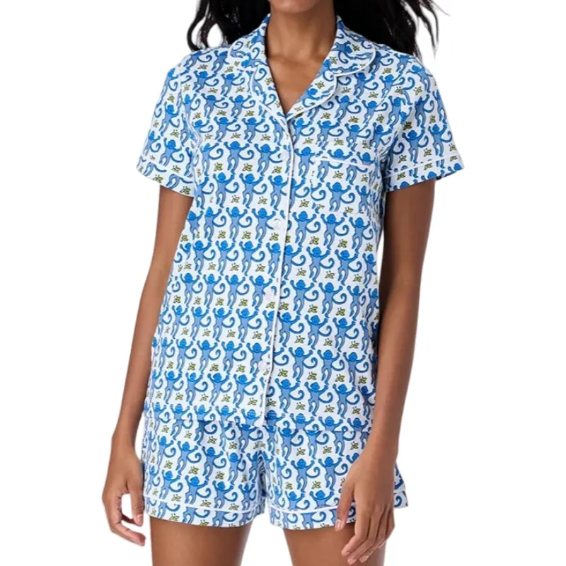 Donna Estate Manica Corta Revers Pigiama Set Scimmia dei Cartoni Animati Stampa Bottoni Top e Pantaloni Abbigliamento da Notte