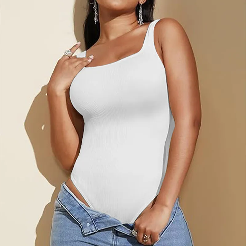 Bodysuit Casual da Donna in Nylon Collo Basso Senza Maniche Vestibilità Slim Costine Tinta Unita