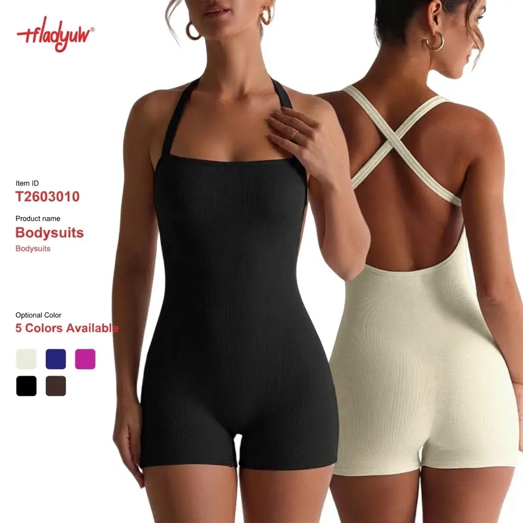 Women's Summer Sexy Halter Square Neck Backless Ribbed Knit Slim Fit Bodysuit Jumpsuit Solid Color Stretch Romper