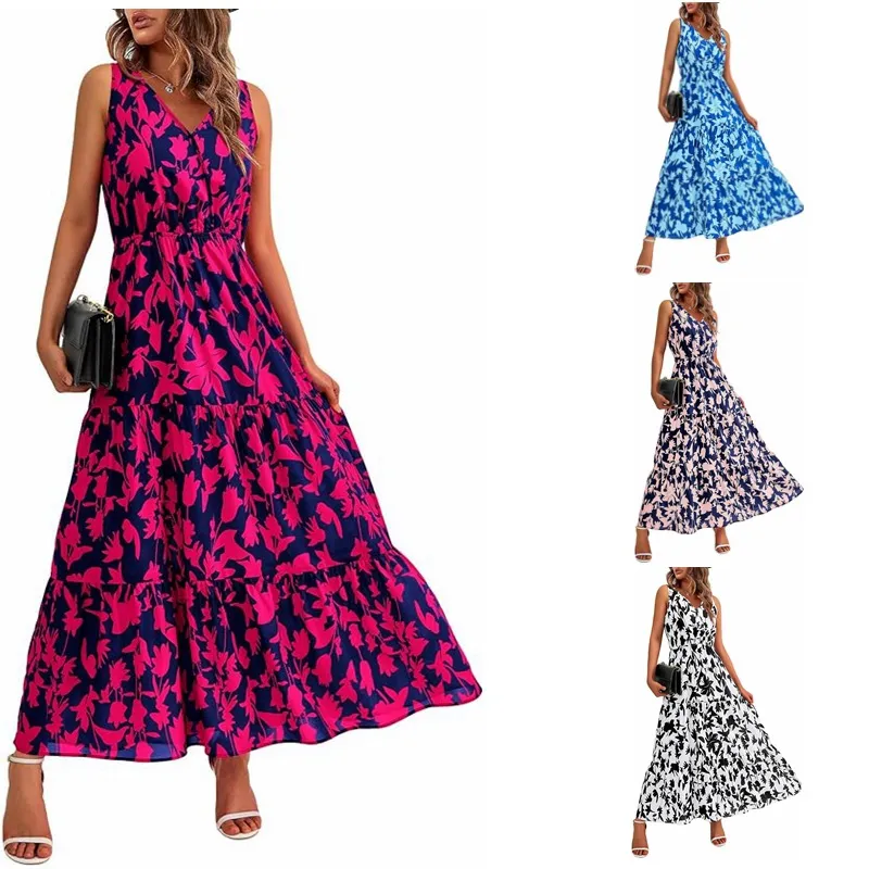 Mujer Casual Cuello en V Sin Mangas Floral Estampado Vestido Largo Cintura Alta Elástica Vestido Maxi Verano Vacaciones Playa
