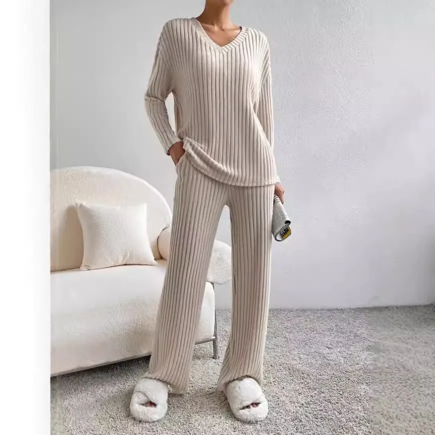 Γυναικείο Casual Ribbed Πλεκτό Σετ Δύο Κομματιών Μακρυμάνικο Top V-Laimokopsi και Ίσιο Παντελόνι Μονόχρωμο Φαρδύ Loungewear