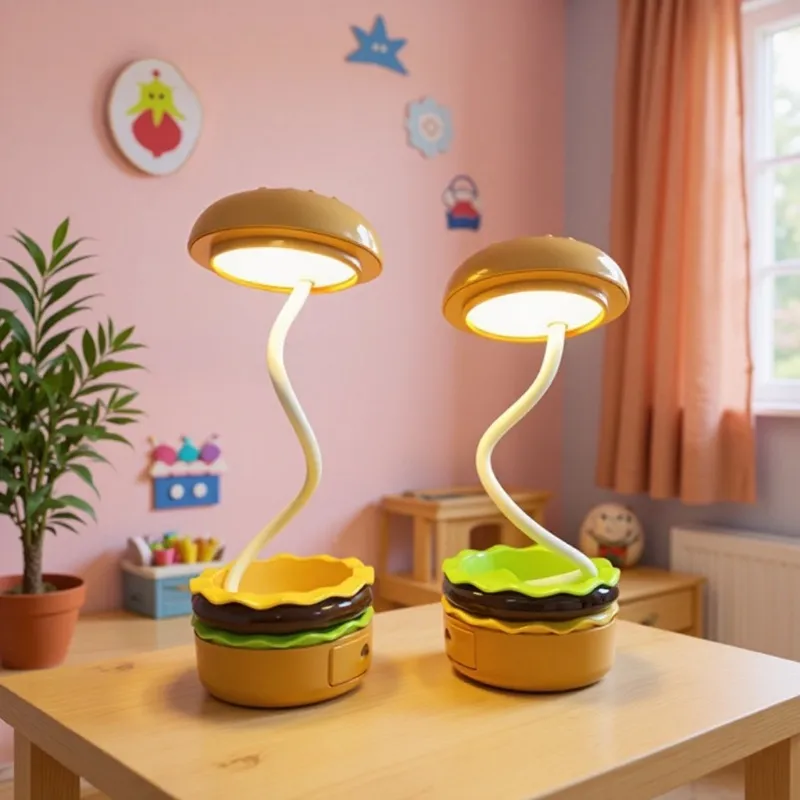 Lampe de Bureau Hamburger Créative USB Rechargeable Portable Pliable Lampe de Lecture Mignonne Veilleuse Dessin Animé avec Taille-Crayon