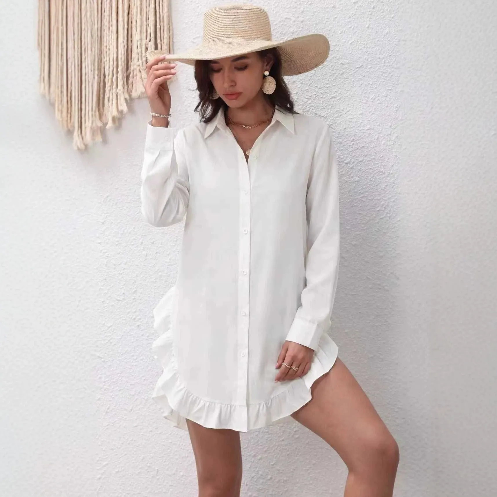 Blusa de Manga Larga para Mujer Cuello Vuelto Dobladillo con Volantes Suelta Color Sólido Camisa de Poliéster Tops Elegantes