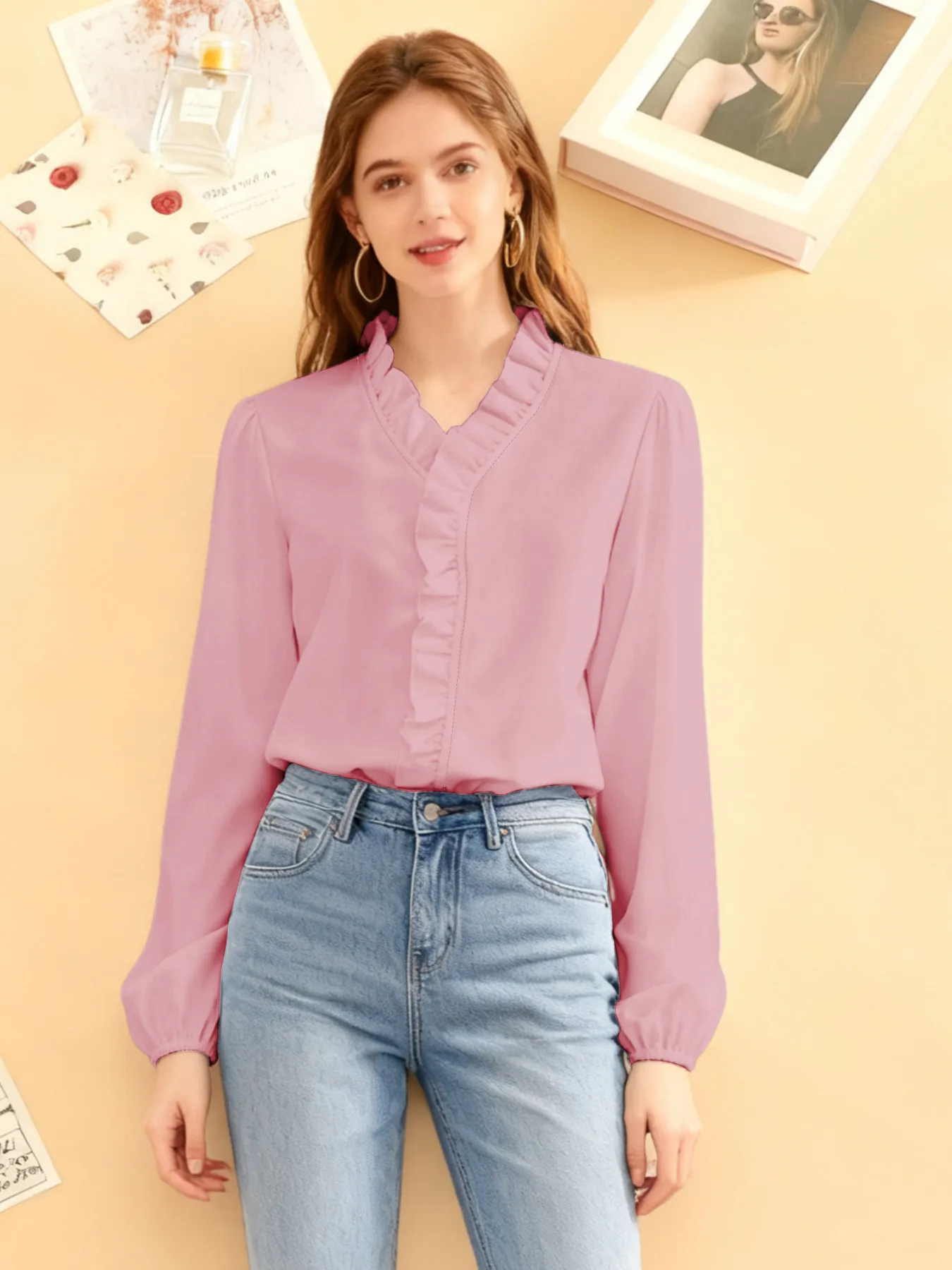 Damen Elegant Rüschenkragen Langarm Bluse Casual Lose Passform Einzelfarbig Pullover Hemd Pendeln Top