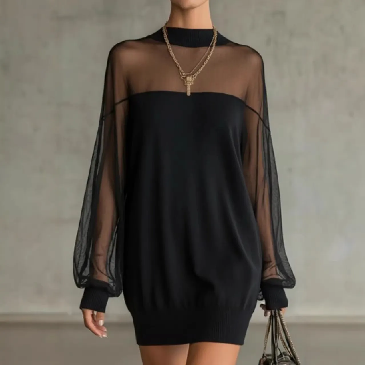 Women's Long Sleeve Stand Collar Mesh Patchwork Midi Dress Slim Fit High Waist Casual Elegant Black Dress