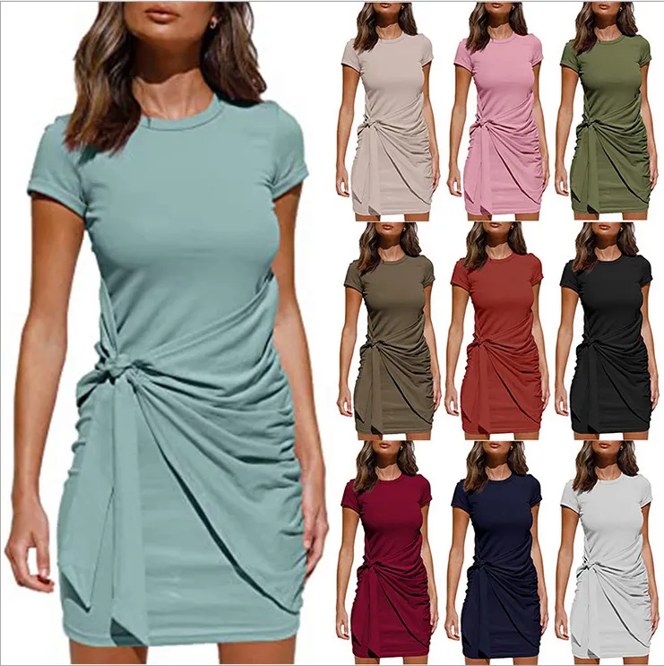 Women's Casual Short Sleeve Crew Neck Irregular Pleated Belted Midi Dress Fashion Elegant Solid Color Slim Fit Dress