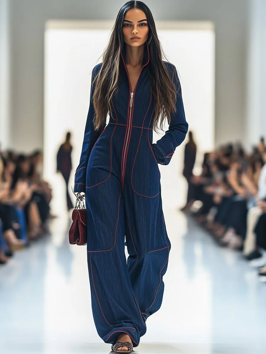 Women's Slim V-Neck Long Sleeve Denim Style Jumpsuit Solid Color Big Pockets Casual Front Zipper Autumn Winter Polyester Romper
