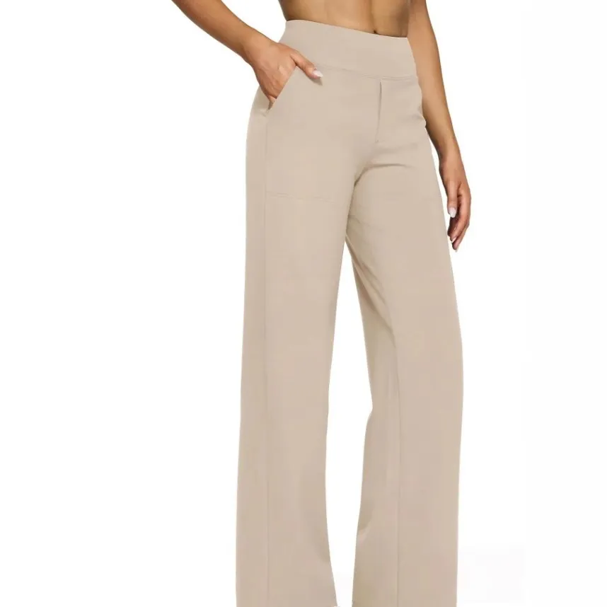 Women High Waisted Casual Pants Loose Straight Wide Leg Polyester Trousers With Pockets Solid Color Soft Comfortable Bottom