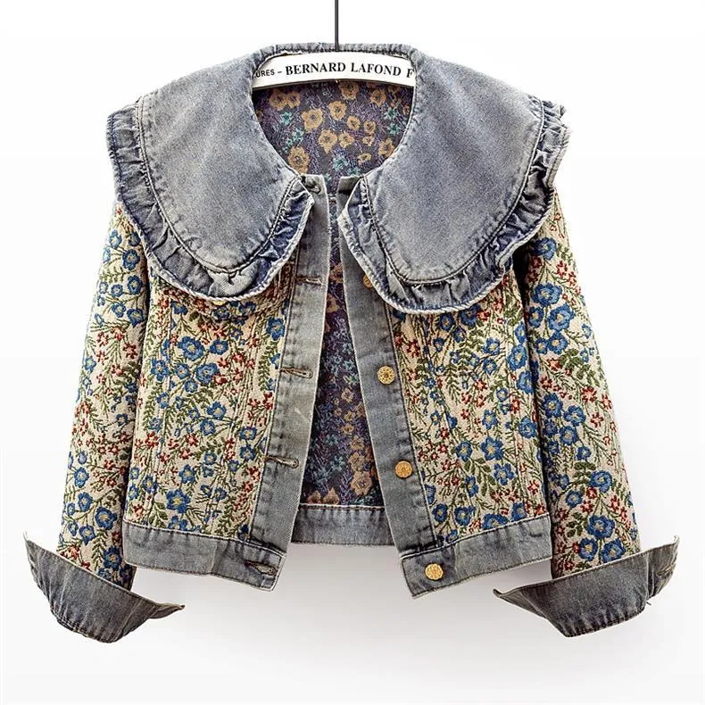Damen Kurze Jeansjacke Vintage Floral Jacquard Puppenkragen Einreihig Langarm Lässige Oberbekleidung