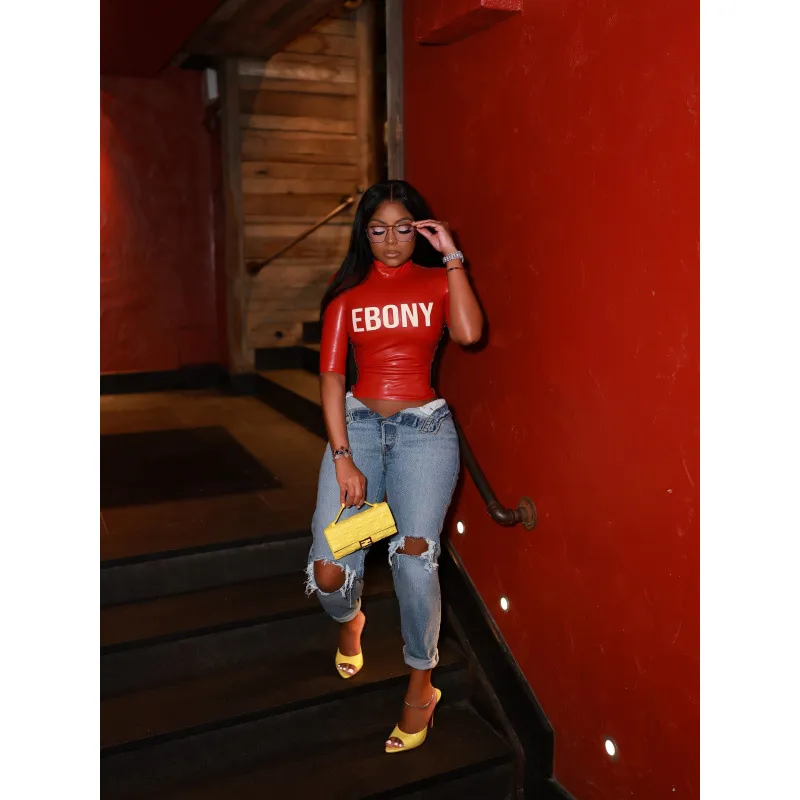 Damen Y2K Streetwear Buchstaben Print Schmale Passform Kurzarm T-Shirt Lässig Rundhals Sommer Mode Top