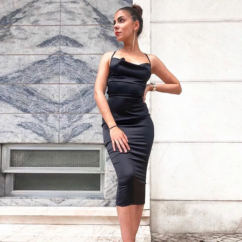 Women French Satin Slip Midi Dress Elegant Sleeveless Solid Color Slim Fit Party Dress