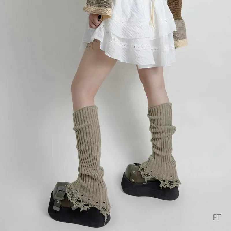 Womens Knitted Leg Warmers Y2K Grunge Distressed Fringe Slouch Socks Winter Thermal Boot Cuffs Fashion Accessories