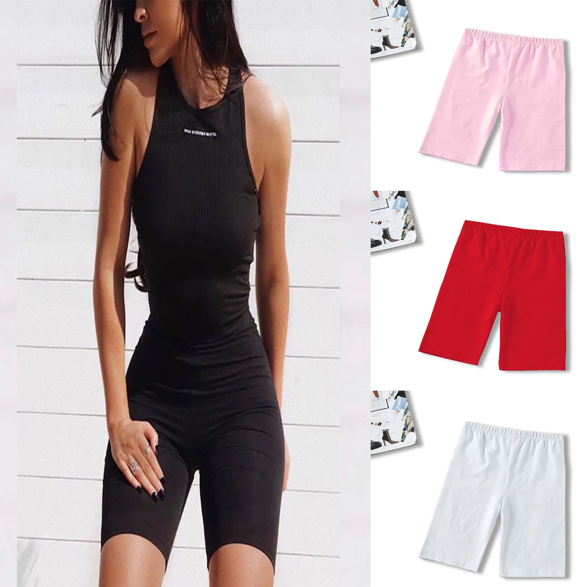 Shorts de Fitness Skinny Taille Haute en Polyester Décontracté pour Femmes Bas d'Été Unie