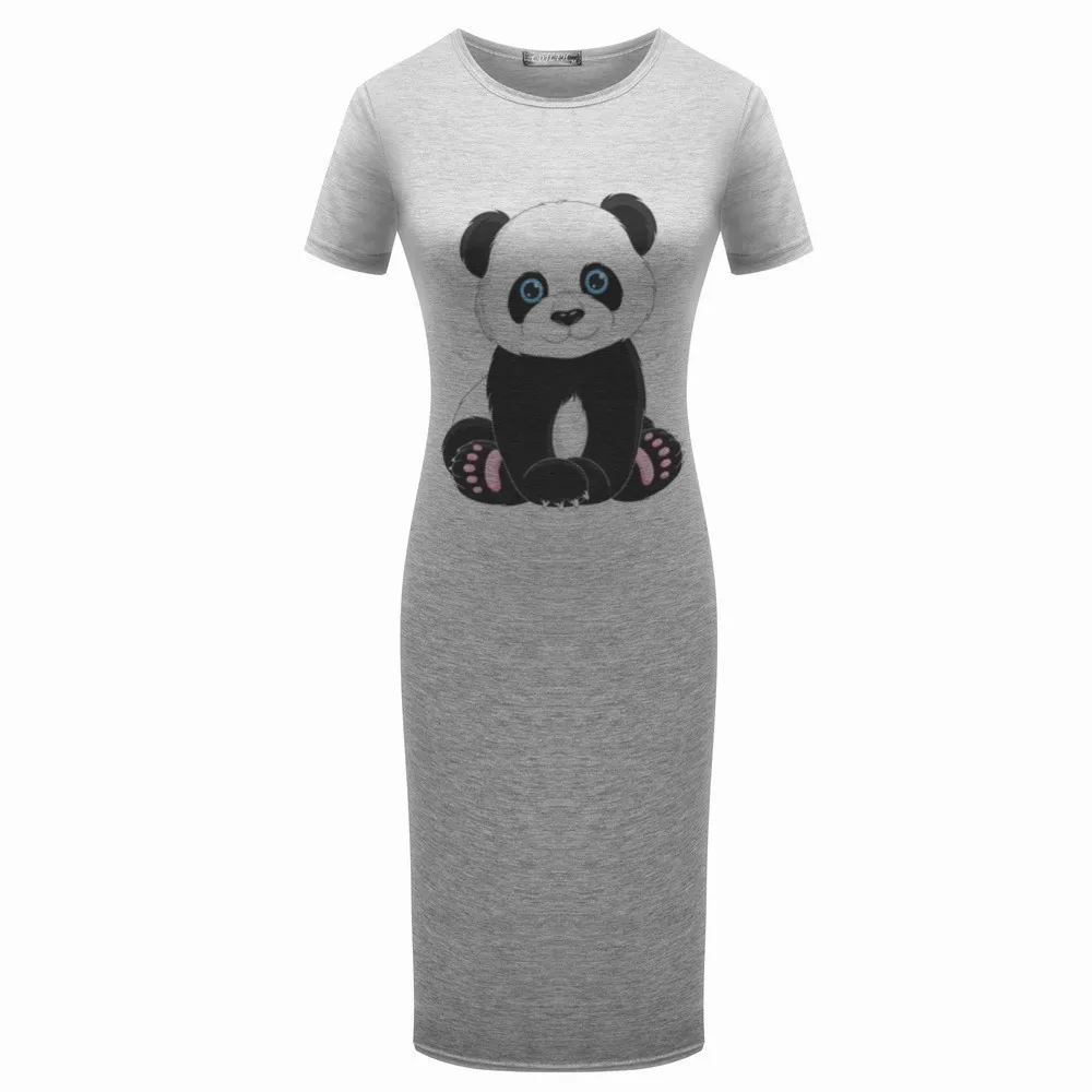 Abito Midi Casual da Donna a Manica Corta Girocollo con Stampa Panda Cartoon in Cotone Estivo