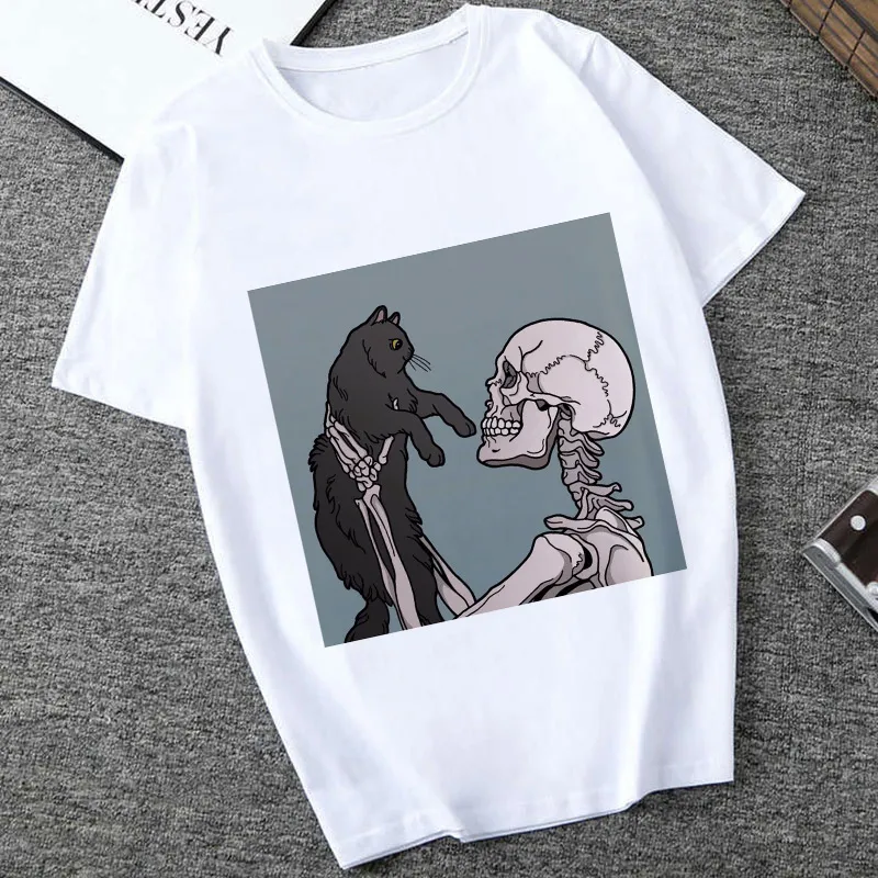 Women's Casual Polyester Blend T-Shirt Short Sleeve Crew Neck Gothic Skull And Cat Graphic Print Loose Fit Tee Top