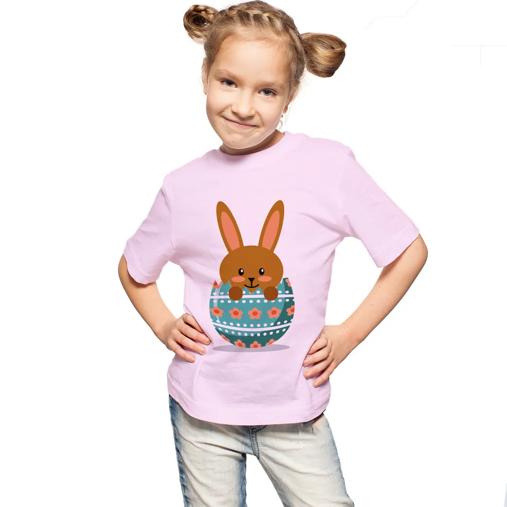 Kids Easter Bunny Print Short Sleeve T-Shirt Children Casual Round Neck Polyester Pullover Top