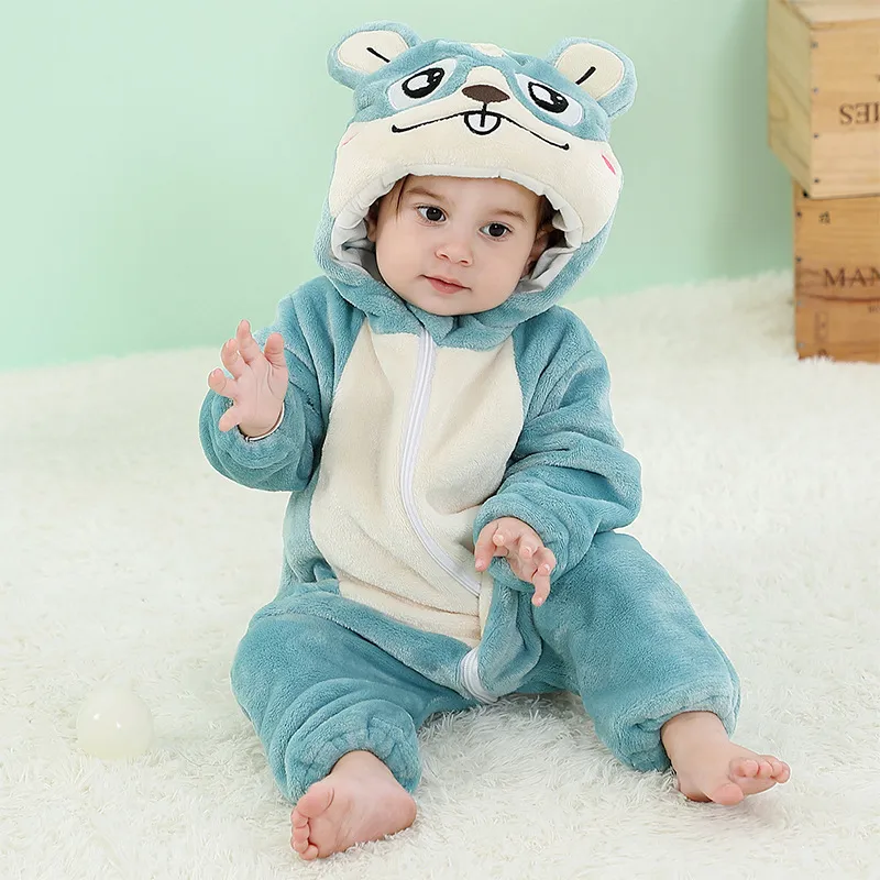 Baby Animal Romper Fleece Hooded Jumpsuit Cute Cartoon Cosplay Pajamas Infant Boys Girls Onesie Winter Clothes