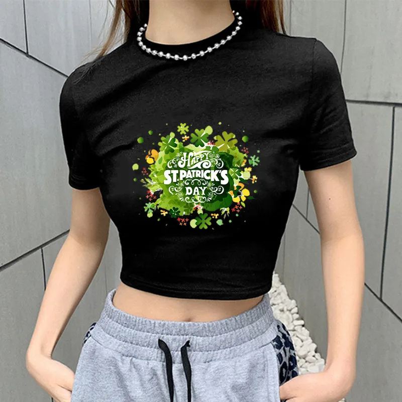 Womens St Patricks Day Shamrock Clover Print Short Sleeve Crew Neck Casual Crop Top Tee