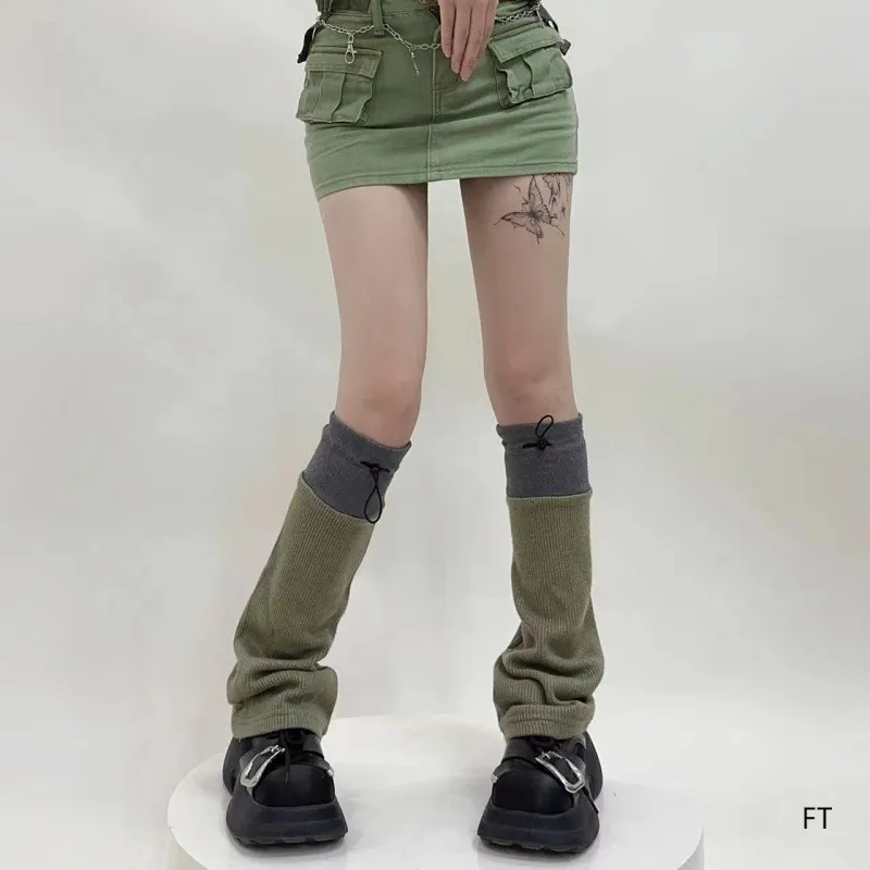 Womens Functional Style Color Block Drawstring Leg Warmers Autumn Winter Knit Micro Flare Socks Casual Fashion Accessories