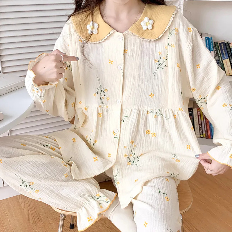 Dames Katoen Bloemen Zwangerschap Pyjama Set Lange Mouw Knoopsluiting Borstvoeding Loungewear Top En Broek