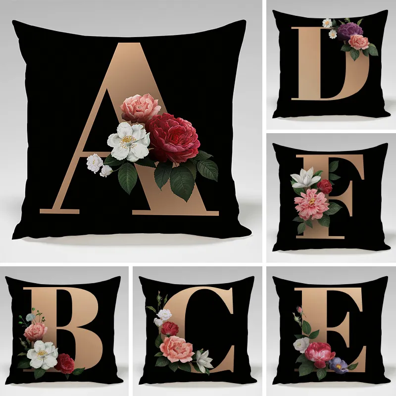 Black Gold Letter Rose Flower Throw Pillow Cover Nordic Style Decorative Cushion Cover For Sofa Bed Living Room Home Decor