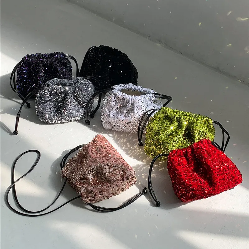 Sac Seau à Paillettes pour Femmes Sac Bandoulière Souple Plissé à Cordon Sac à Main Brillant Mode Quotidienne