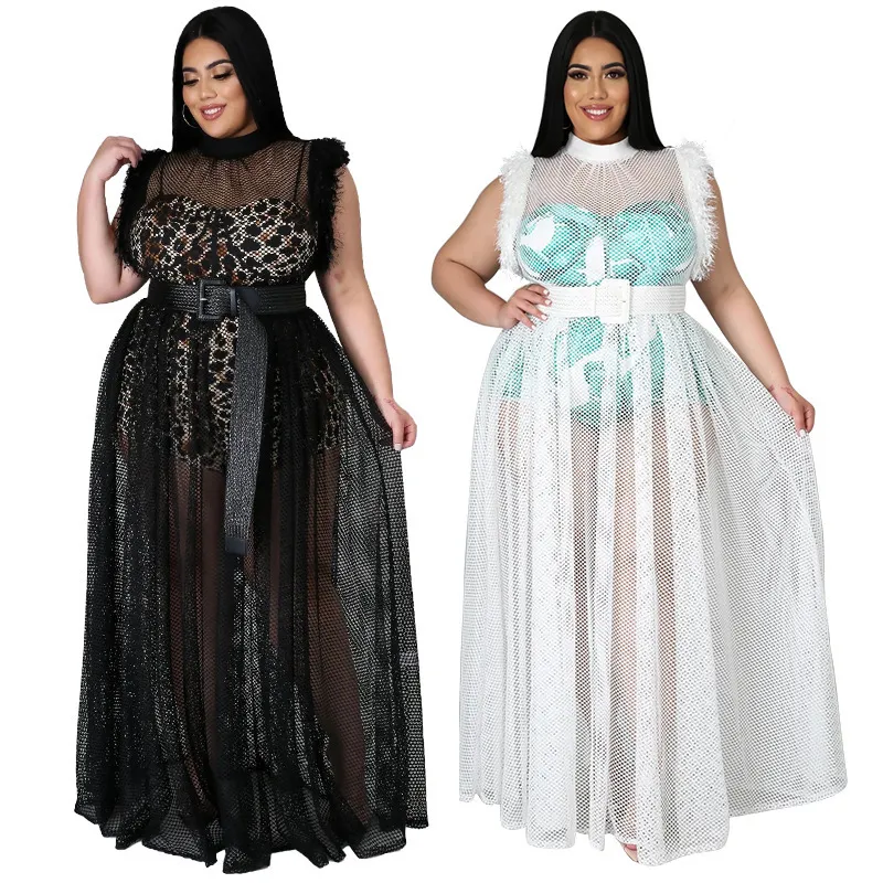 Plus Size Women Sexy Sheer Mesh Maxi Dress Two Piece Set Printed Bodysuit With Belt Elegant Evening Party Clubwear Outfit