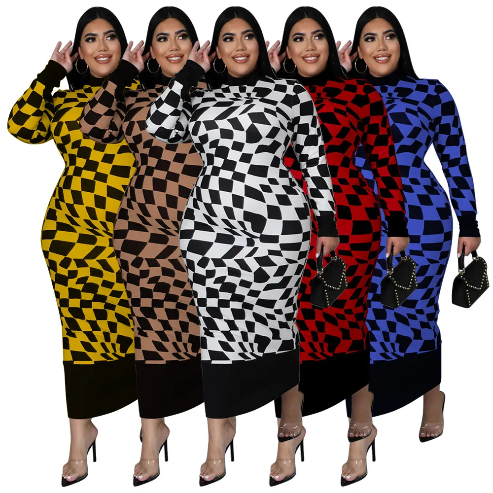Plus Size Women Elegant Geometric Plaid Print Long Sleeve Bodycon Midi Dress Round Neck Slim Fit Casual Long Gown Apparel