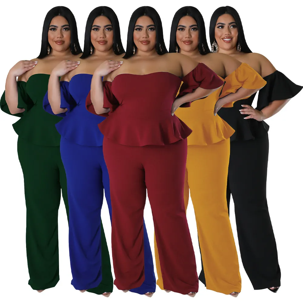 Combinaison Femme Épaules Dénudées Jambe Large Polyester Élasthanne Haute Élasticité Peplum Top And Bottom Sexy Grande Taille Bodycon Romper Party Outfit