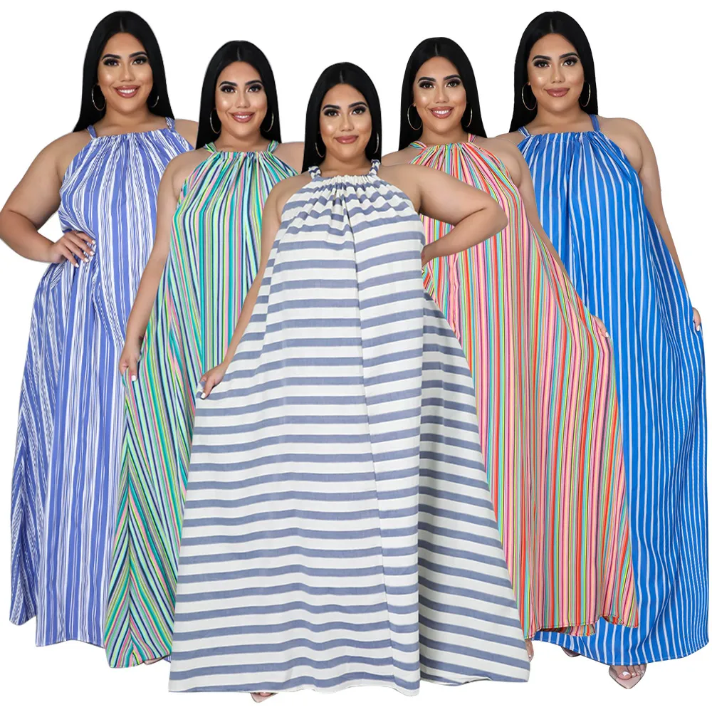 Robe Maxi à Rayures Imprimées Grande Taille pour Femmes Dos Nu Sans Manches Robe Longue Ample Ligne A pour Vacances d'Été Fête Décontractée Plage