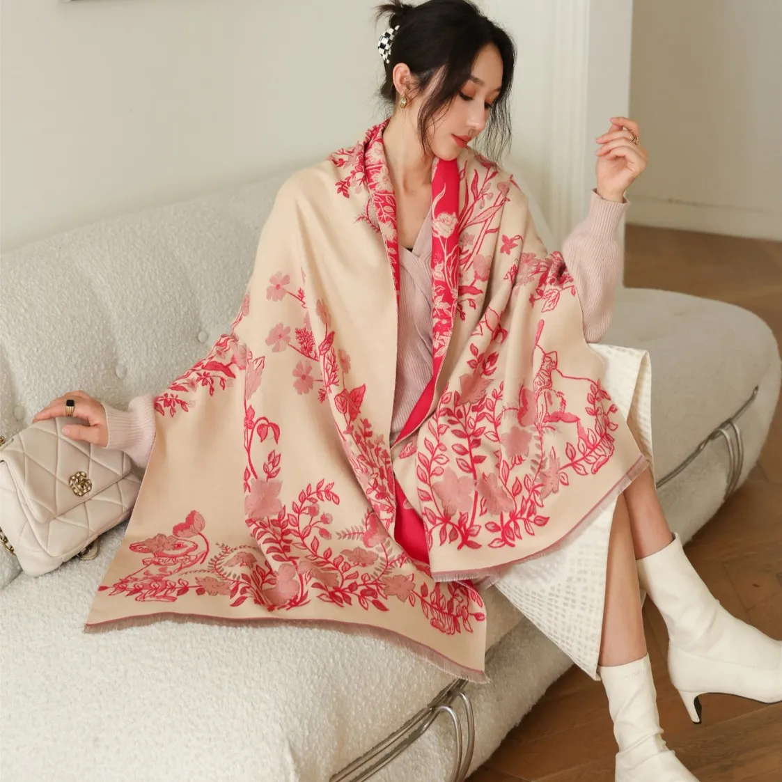 Women Winter Thick Warm Jacquard Tassel Scarf Imitation Cashmere Shawl Multi-functional Office Nap Blanket