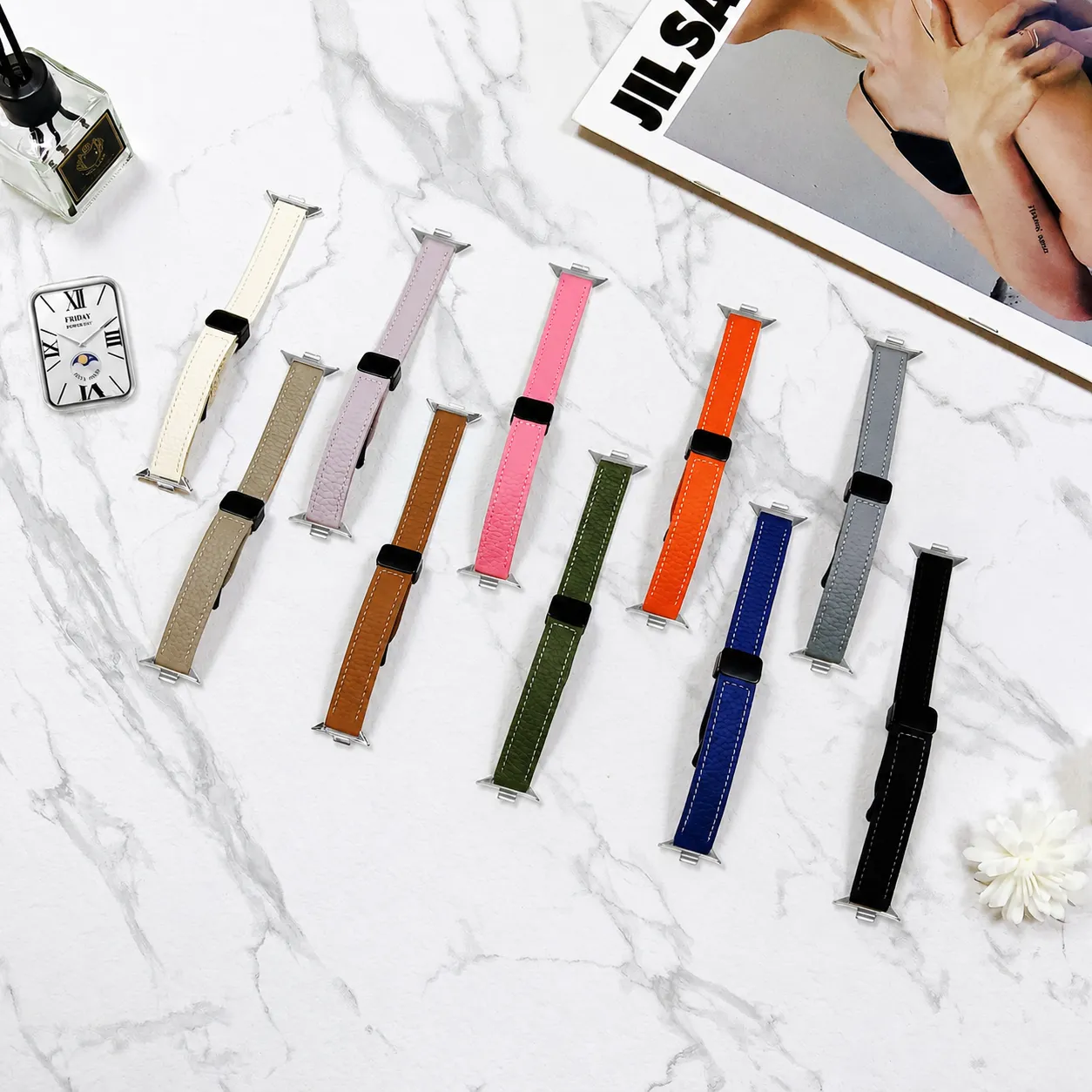 Universal Replacement Leather Watch Band Magnetic Folding Clasp Litchi Pattern Strap For Smartwatch Accessories