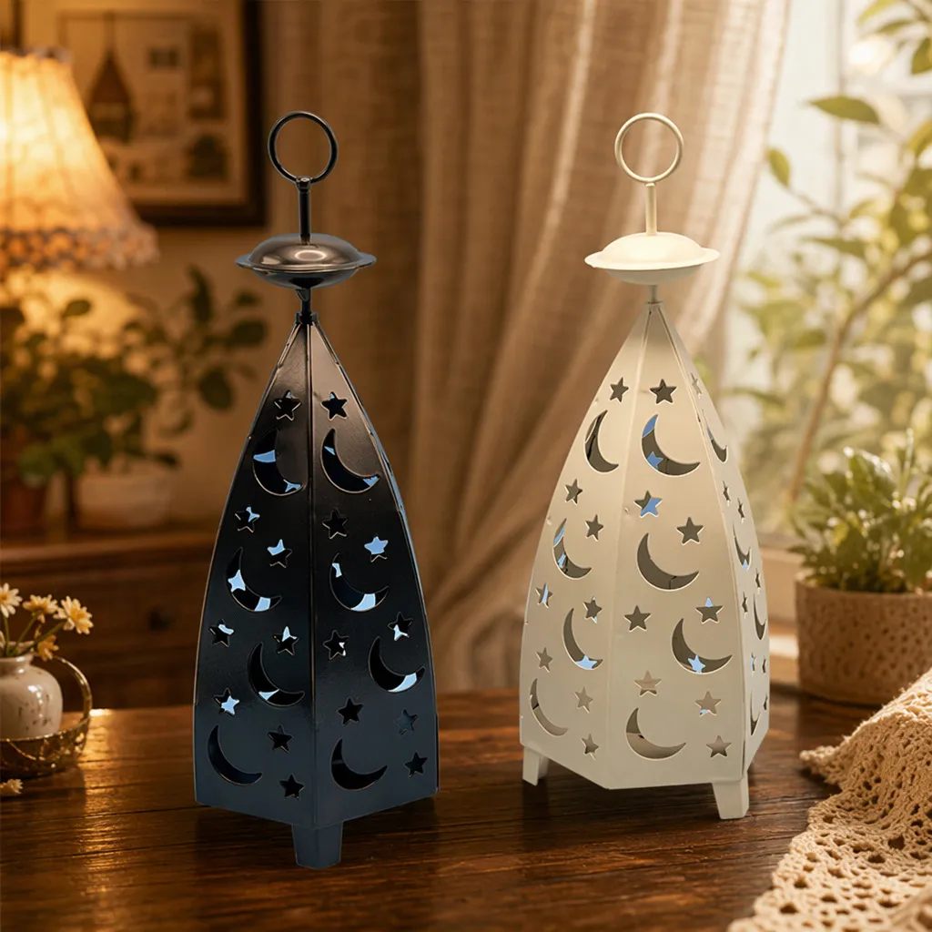 Vintage Hollow Star Moon Iron Candle Holder Rustic Metal Lantern Desktop Decorative Ornament For Home Room Decor