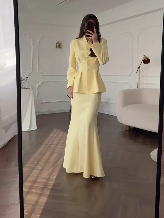 Women's Retro Elegant Solid Color Long Sleeve Blouse And Mermaid Skirt Suit Set Vintage Polyester Casual Outfit