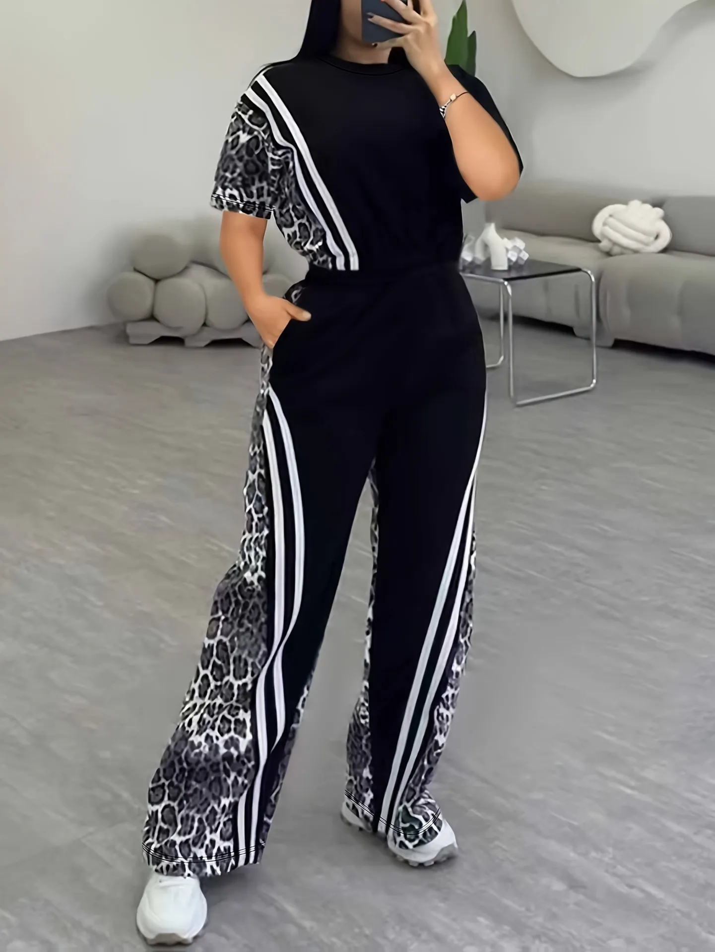 Women Casual Leopard Print Short Sleeve T Shirt And High Waist Straight Leg Pants Set Fashion Outfit