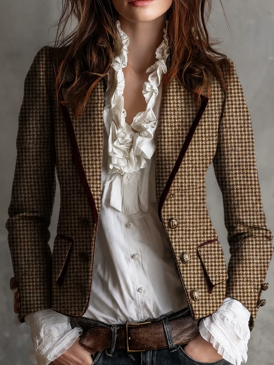 Women Vintage Houndstooth Tweed Blazer Slim Fit Long Sleeve Jacket With Metal Buttons Retro Plaid Suit Jacket Fashion Outerwear