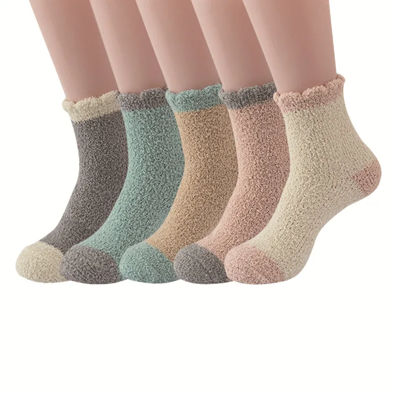 Damen Verdickte Korallenfleece Schlafsocken Winter Warm Weiche Kuschelige Plüsch Bodensocken Mit Rüschenrand Casual Heimstrumpfwaren
