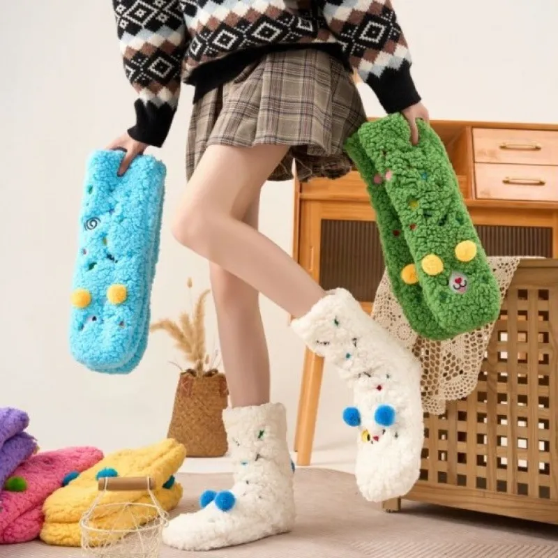 Thickened Fleece Floor Socks For Women Winter Warm Cute Cartoon Embroidery Sleep Socks Non-Slip Soft Home Fuzzy Socks