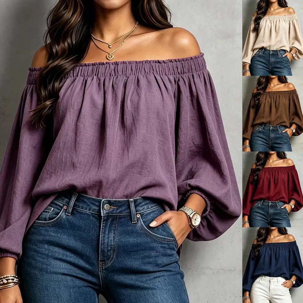 Women Casual Off Shoulder Long Sleeve Blouse Solid Color Elastic Boat Neck Loose Pullover Top Female Fashion Clothing
