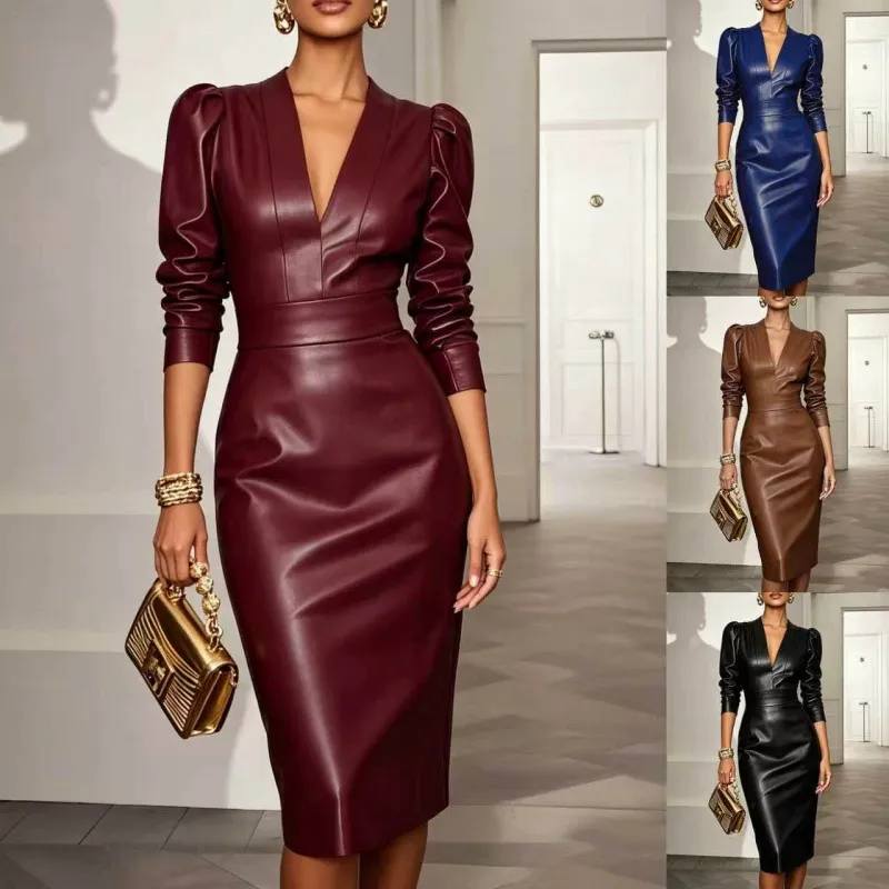 Mujer Casual Manga Larga Cuello en V PU Cuero Vestido Midi Corte Ajustado Cintura Alta Elegante Color Sólido Vestido de Fiesta
