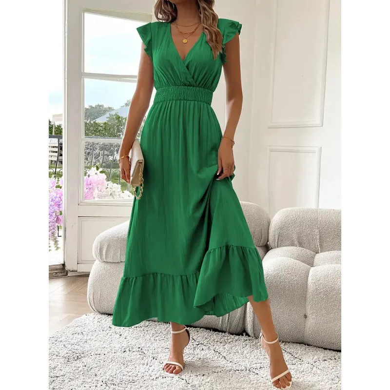Damen Sommer Casual V-Ausschnitt Kurzarm Rüschensaum Hohe Taille Maxi Langes Kleid Einfarbig Elegantes Partykleid