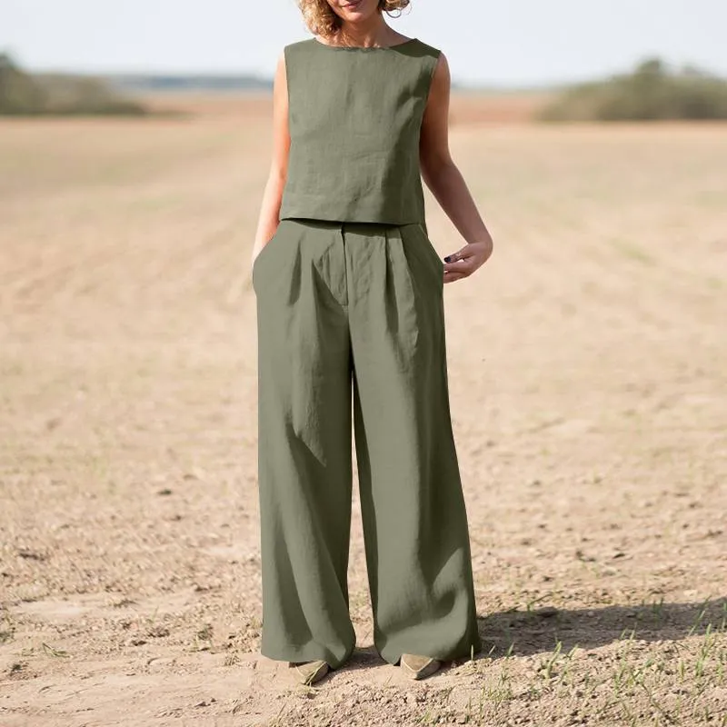 Completo Abbigliamento Estivo Largo da Donna in Cotone Tinta Unita Canotta Senza Maniche e Pantaloni Larghi