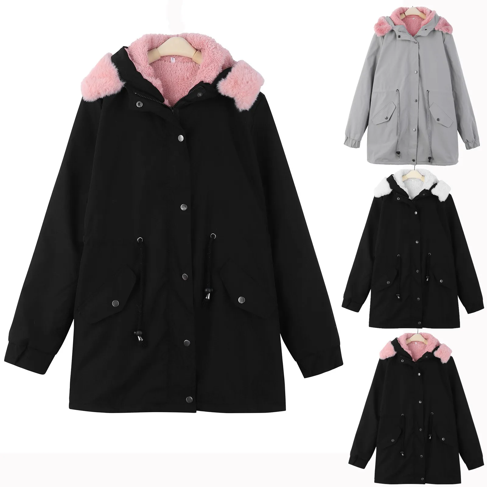 Women's Winter Mid-Length Parka Hooded Coat With Faux Fur Collar Lamb Wool Lining Casual Cotton-Padded Jacket Outerwear